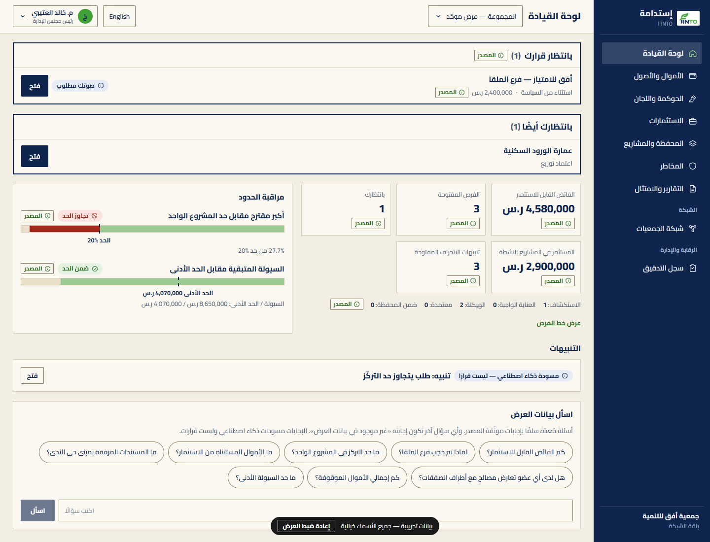 لوحة قيادة المجلس في العرض التجريبي: القرارات المنتظرة، ومراقبة الحدود، وجدار الأموال